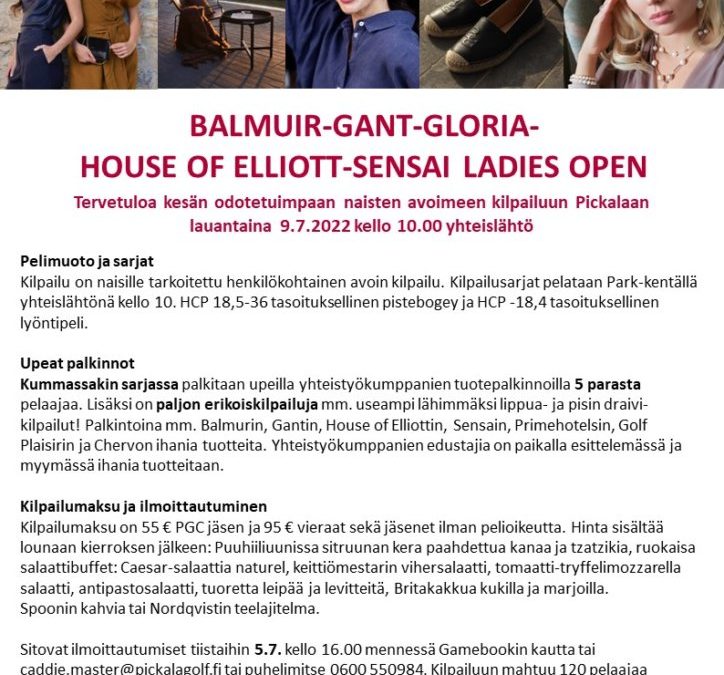 Balmuir-Gant-Gloria-House of Elliot-Sensai Ladies open la 9.7.2022 – ilmoittautuminen alkaa ke 22.6. klo 12